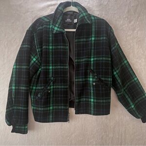 Urban Outfitters UO plaid brushed zip jacket coat green blue
